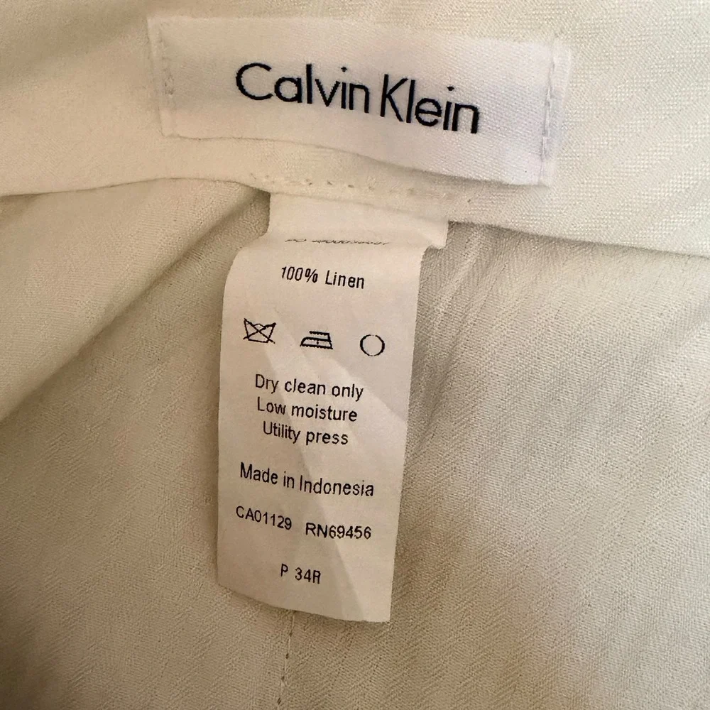 Calvin Klein Pants Mens 34 Beige Linen Flat Front Cuffed Dress Trousers Summer